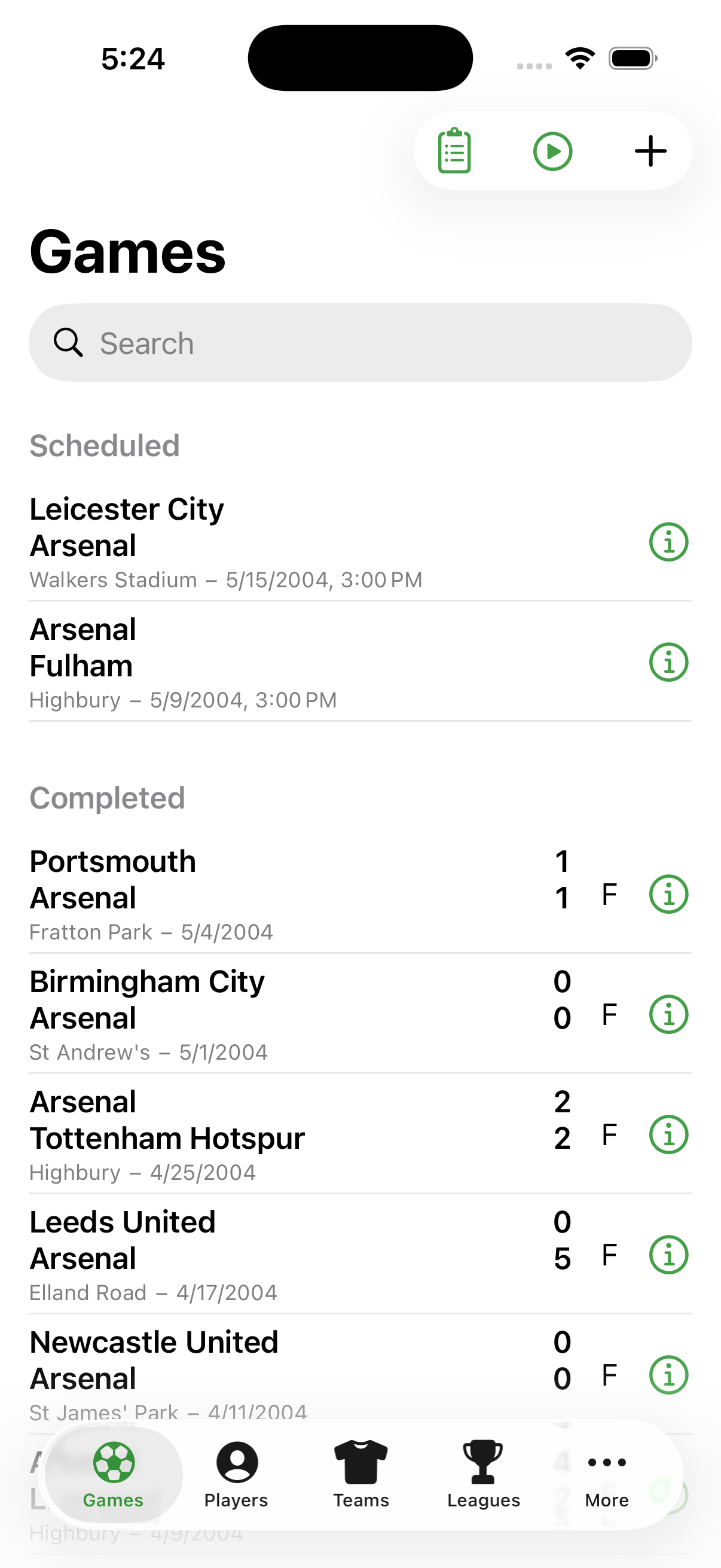 Games screen