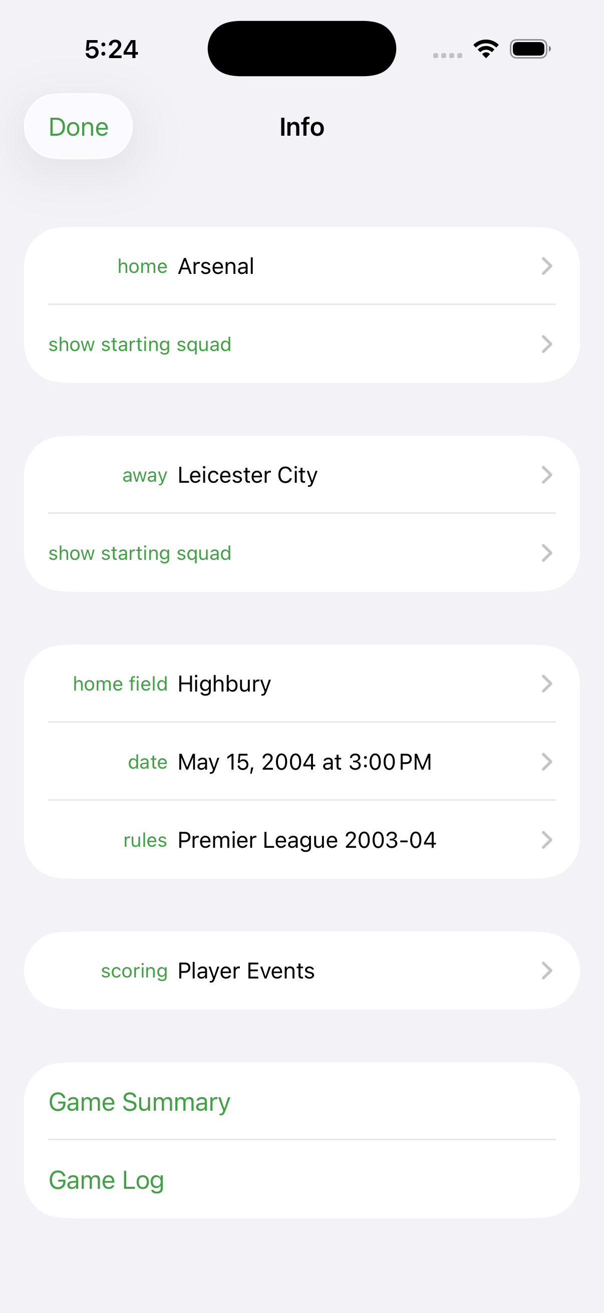 Arsenal v. Leicester game detail